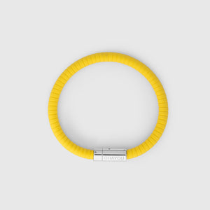 The rubber bracelet in yellow with stainless steel clasp. FKM fluoroelastomer rubber – Fully waterproof. White background.